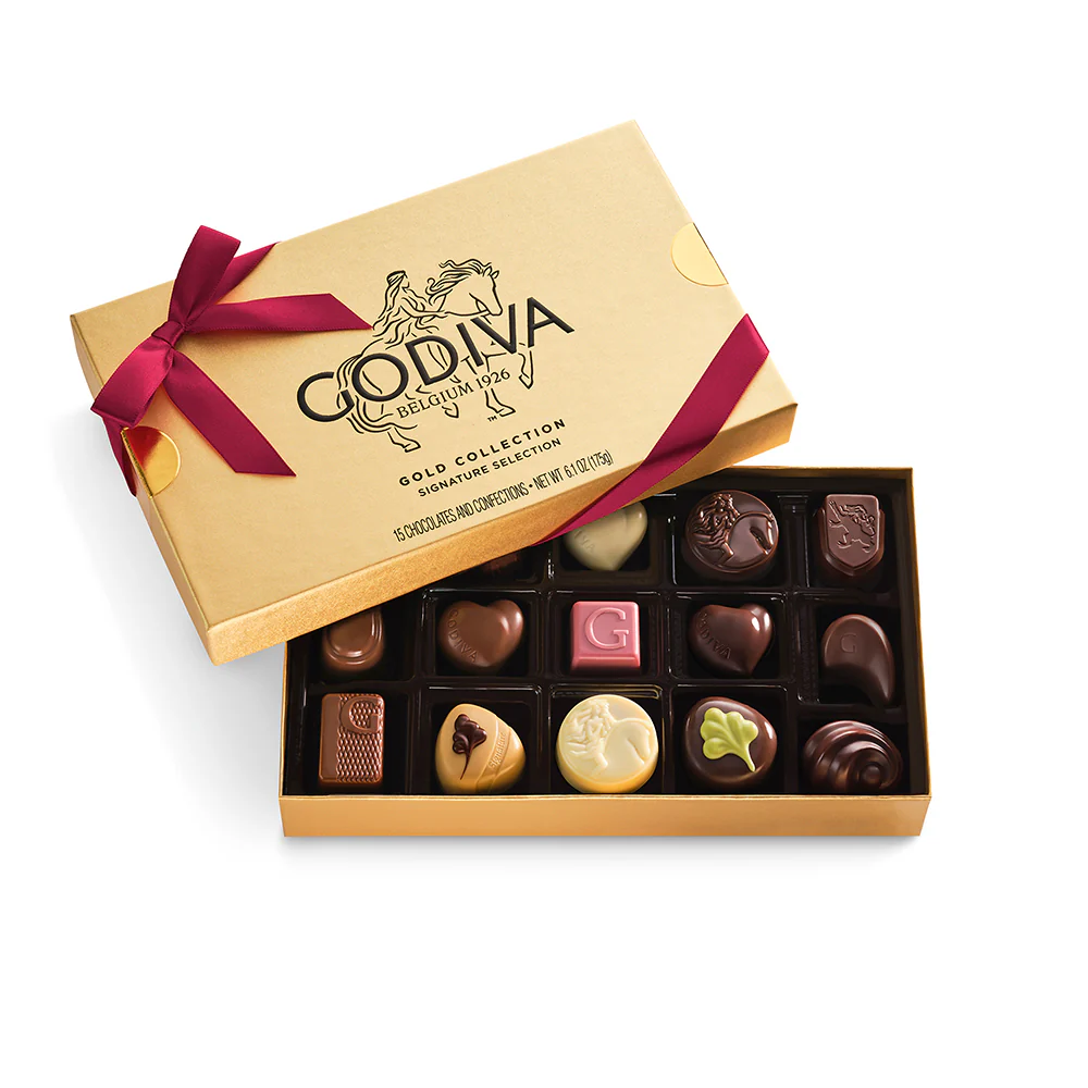Assorted Chocolate Gold Gift Box, Wine Ribbon, 15pc.