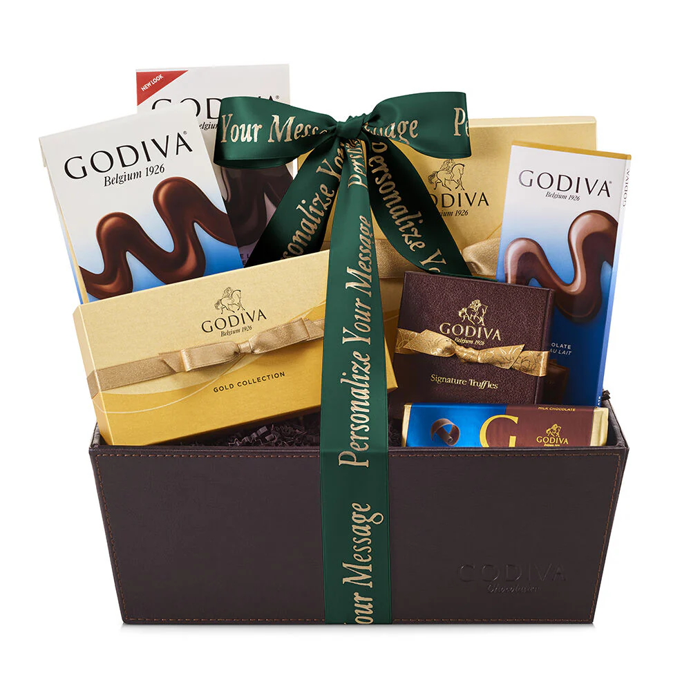 Chocolate Celebration Gift Basket, Personalized Forest Green Ribbon