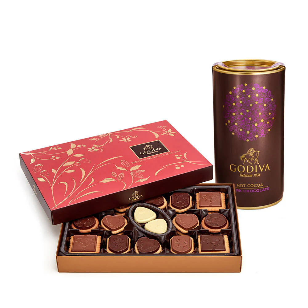 Dark Chocolate Hot Cocoa Tin & Chocolate Biscuit Gift Box, 32 pc.