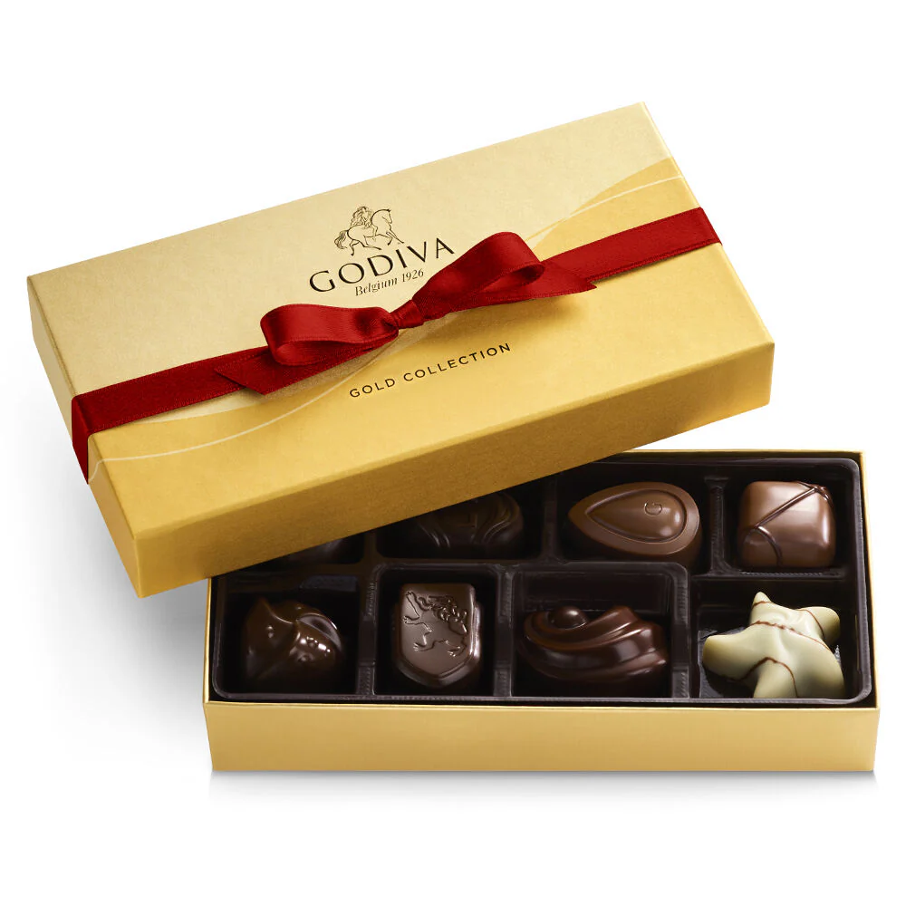 Assorted Chocolate Gold Gift Box, Red Ribbon, 8 pc. & Heart Tin, 12pc. - Image 2